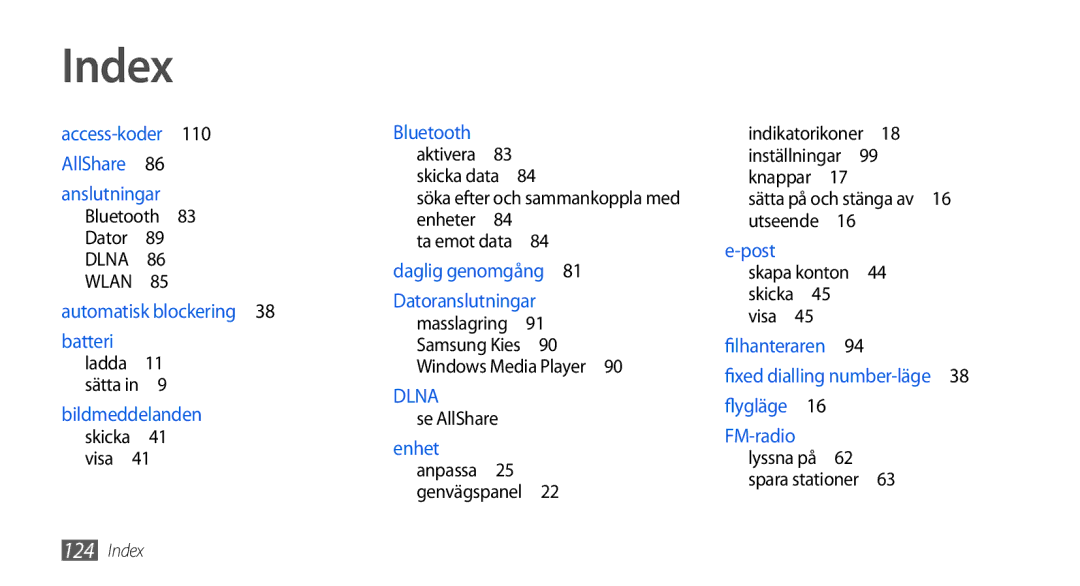 Samsung GT-I5800CWANEE manual Index, Bluetooth Dator DLNA WLAN , Se AllShare, Inställningar , Lyssna på Spara stationer  